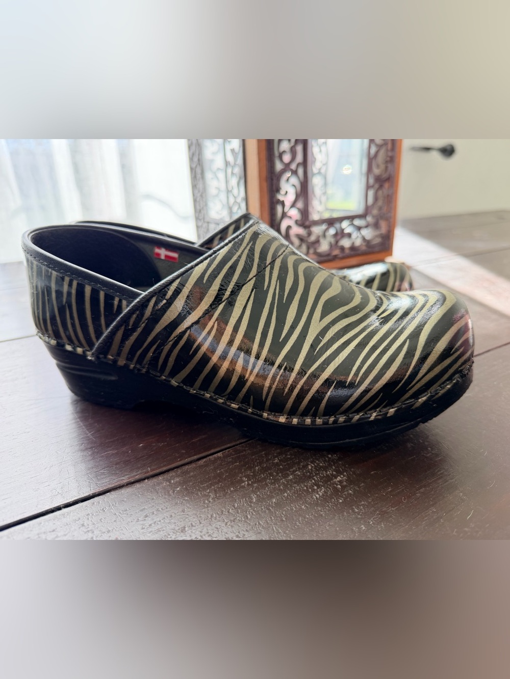 Black Zebra Print Patent Leather Slip-On Sanita Clog
